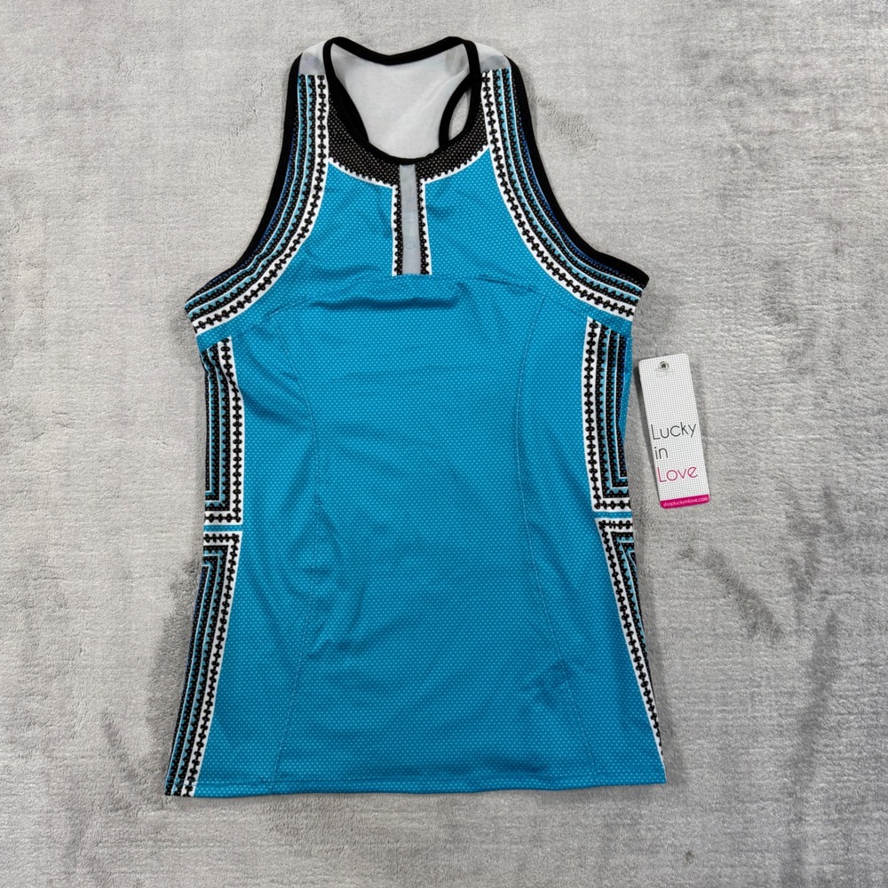 Lucky in Love Shirt Womens XS Turquoise Blue Geometric Vaportex Tennis Tank Top